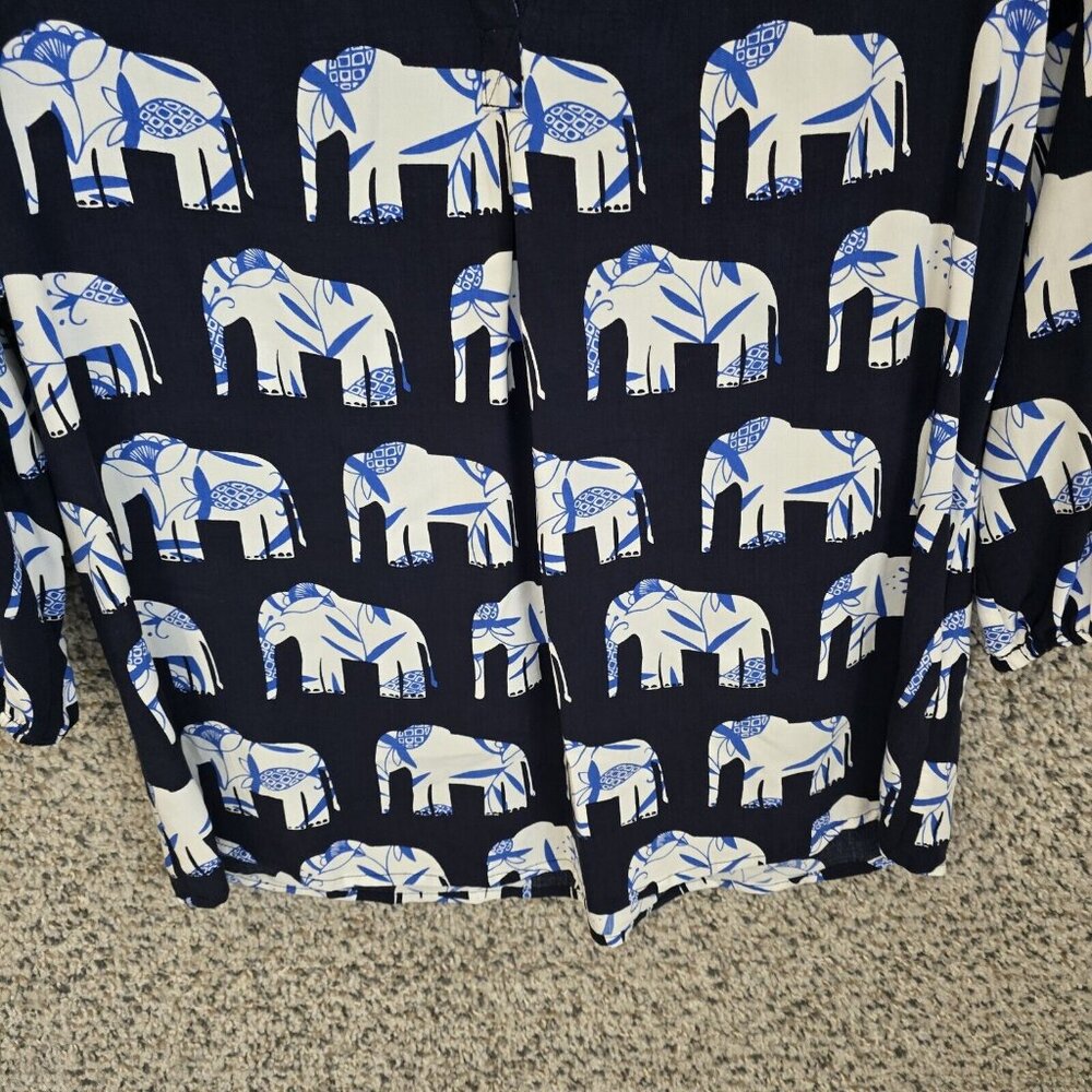 Crown & Ivy Top Womens XS Navy Blue Peasant Blouse Elephant Print Casual Ladies - Picture 5 of 7